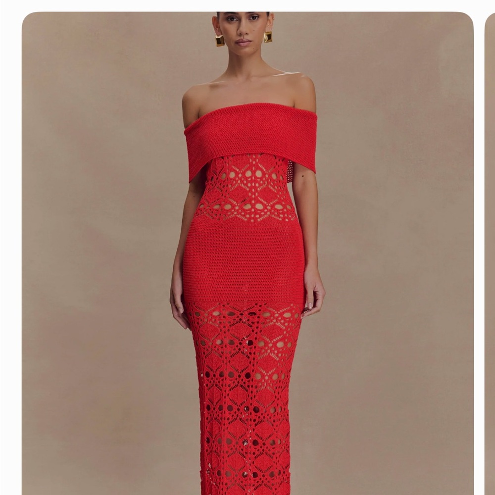 Off-the-Shoulder Red Crochet Maxi Dress